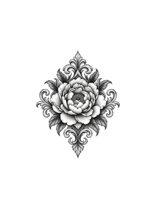 Ornamental peony tattoo clean design