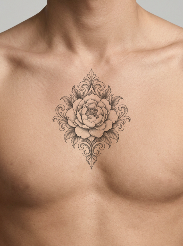Ornamental peony tattoo centered on the chest