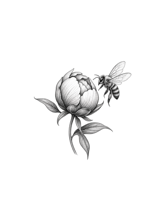 Peony bud and bee tattoo clean design