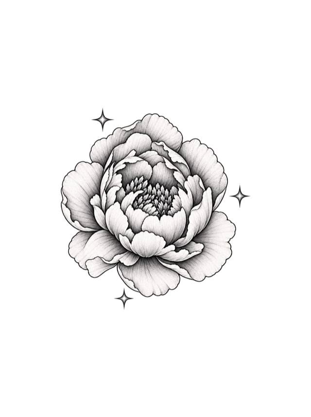 Compact peony and three stars tattoo clean design
