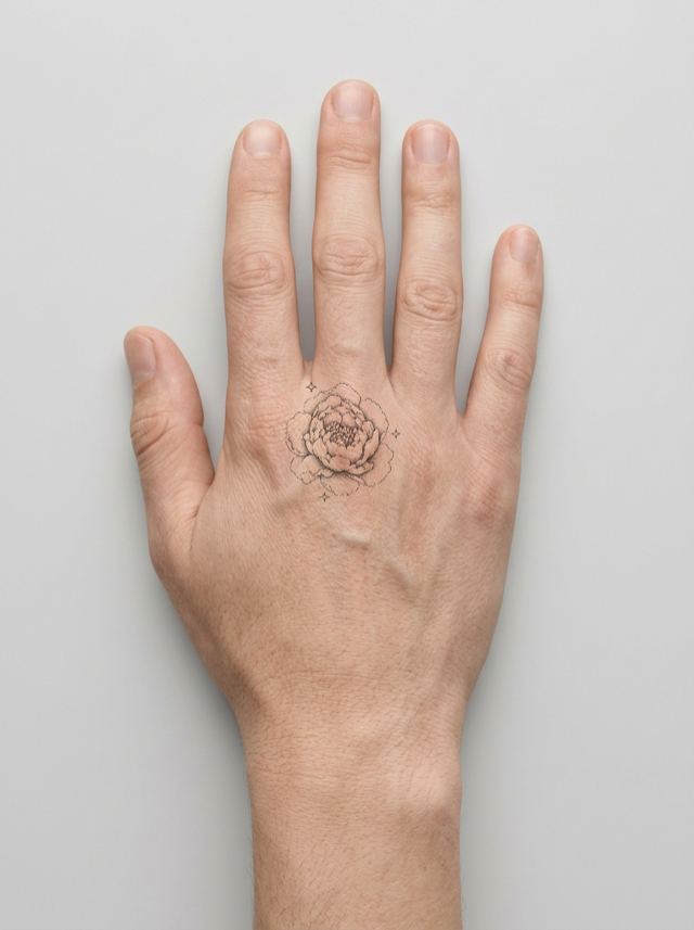 Compact peony and three stars tattoo on a hand