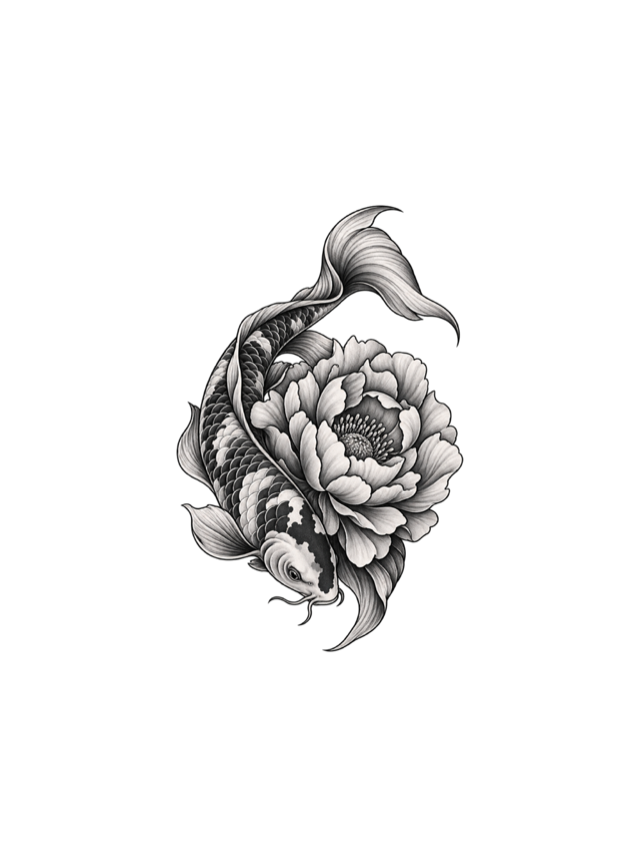 Koi and peony tattoo clean design
