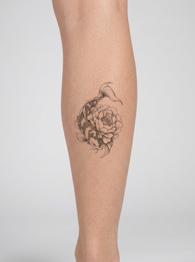 Koi and peony tattoo on a lower leg