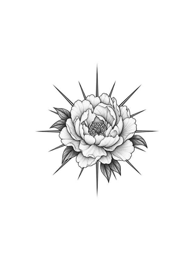 Sunburst peony tattoo clean design