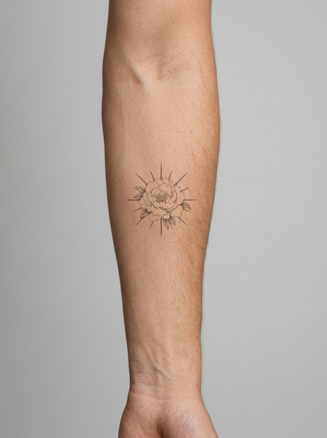 Sunburst peony tattoo on a forearm