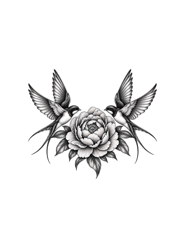 Swallows and peony tattoo clean design