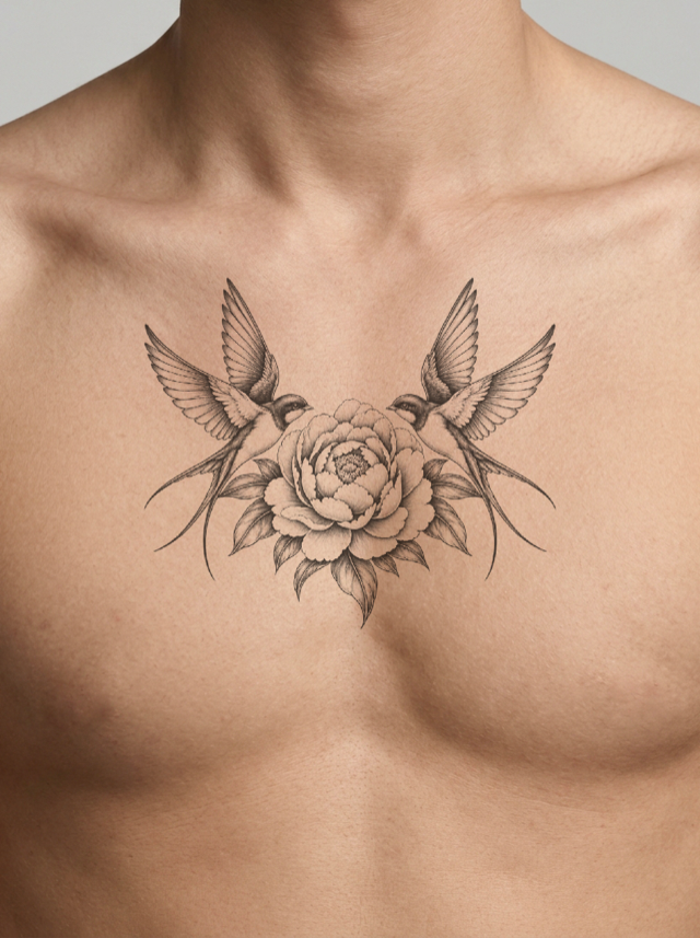 Swallows and peony tattoo across the upper chest