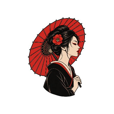 Geisha-Inspired Side Profile with a Red Paper Umbrella and a Single Camellia Hair Ornament Tattoo planner element