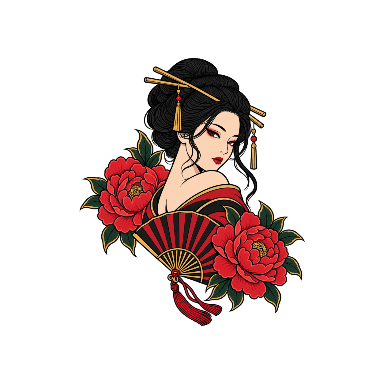 Geisha-Inspired Portrait Framed by Two Peony Blossoms and Fan Tattoo planner element