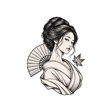 Geisha-Inspired Bust with Small Maple-Leaf Accent and an Open Fan Behind the Shoulder Tattoo planner element