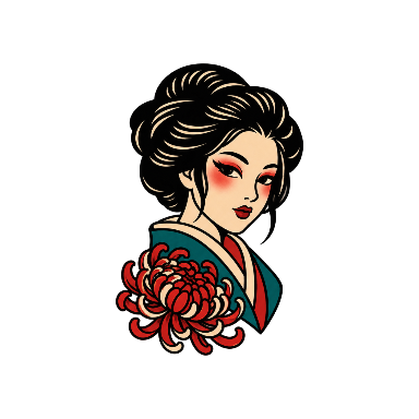 Geisha-Inspired Portrait with Chrysanthemum and a Teal-And-Red Kimono Collar Tattoo planner element