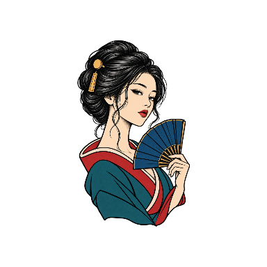 Geisha-Inspired Portrait with a Blue Fan and Gold Hair Ornaments Tattoo planner element