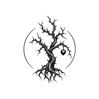 Dark Tree with Thorn-Like Branches and Fruit Inside a Broken Circular Frame Tattoo planner element