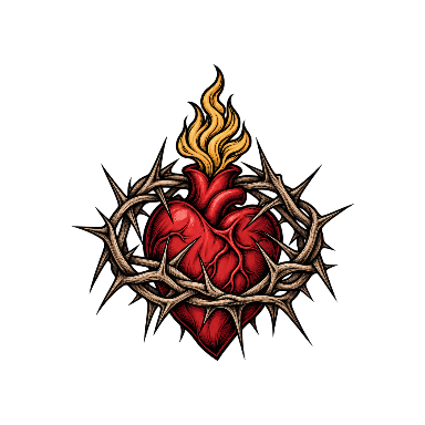 Crown of Thorns around a Red Sacred Heart with Small Flame Tattoo planner element