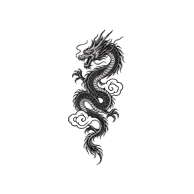 Japanese-Inspired Serpentine Dragon Coiling Upward through Two Cloud Curls Tattoo planner element