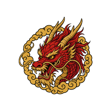 Red-And-Gold Japanese-Inspired Dragon Head with Flowing Whiskers and Cloud Ring Tattoo planner element