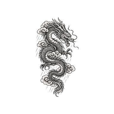 Engraved Japanese-Inspired Dragon Descending through Rain Clouds Tattoo planner element