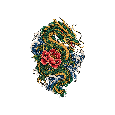 Green-And-Gold Japanese-Inspired Water Dragon with Peony Blossom Tattoo planner element
