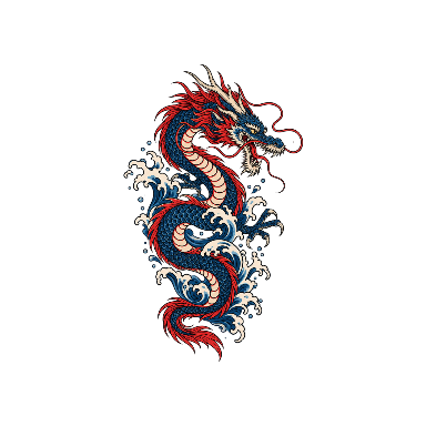 Indigo-And-Red Japanese-Inspired Dragon Rising through Waves Tattoo planner element