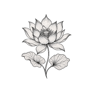 Fine-Line Black Lotus Bloom Above Two Leaves Tattoo planner element