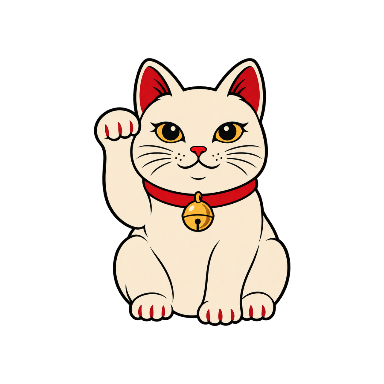 Red-And-Gold Maneki-Neko with Right Paw Raised and Bell Collar Tattoo planner element