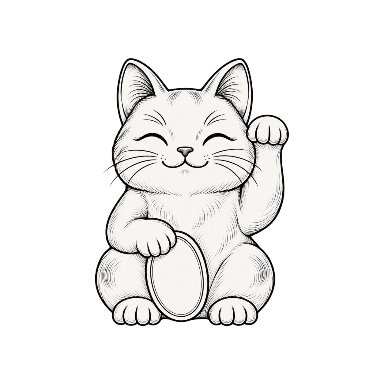 Fine-Line Maneki-Neko Seated with Left Paw Raised and Small Coin Without Marks Tattoo planner element