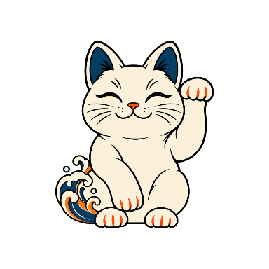 Indigo-And-Orange Maneki-Neko with Raised Paw and a Small Wave Accent Tattoo planner element