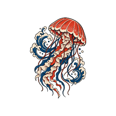 Red-And-Indigo Jellyfish with Ukiyo-E-Inspired Wave Accents Tattoo planner element