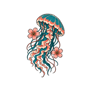 Teal-And-Coral Jellyfish with Two Small Cherry Blossoms Tattoo planner element