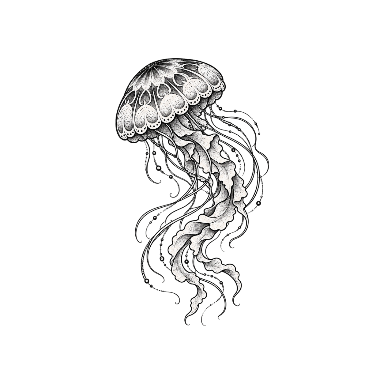 Dotwork Jellyfish with a Patterned Bell and Tentacles Arranged in an S-Curve Tattoo planner element