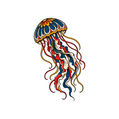 Old-School Blue, Red and Gold Jellyfish Tattoo planner element