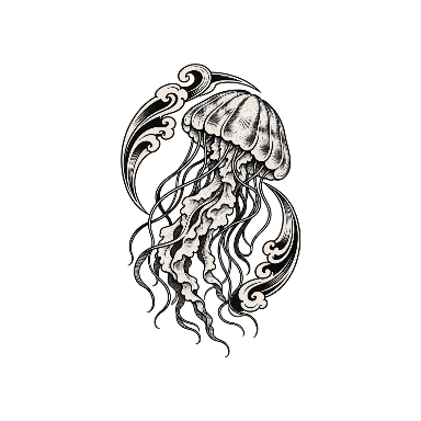 Blackwork Jellyfish Framed by Two Wind-Bar Curves Tattoo planner element