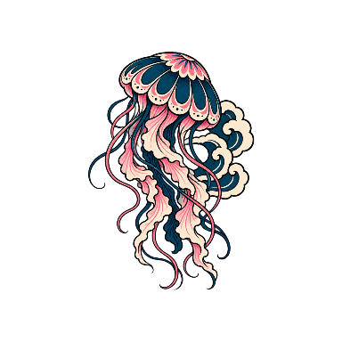 Indigo-And-Pink Jellyfish with Stylized Cloud Curl Tattoo planner element