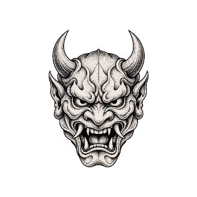 Dotwork Oni Mask Front View with Symmetrical Horns and an Open Snarling Mouth Tattoo planner element