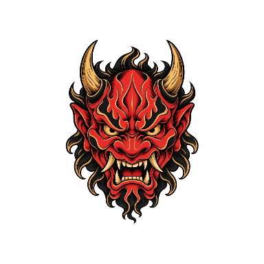 Old-School Red Oni Mask with Black and Gold Accents Tattoo planner element