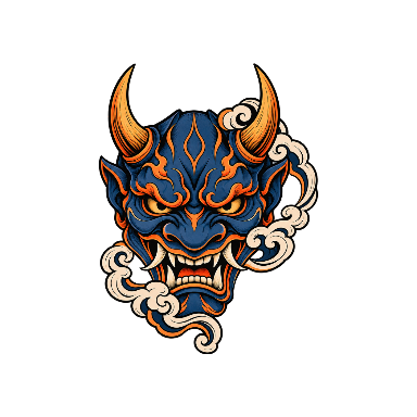 Indigo-And-Orange Oni Mask with Two Horns and Cloud-Scroll Accent Tattoo planner element