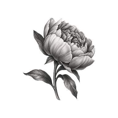Half-open peony in side view with a vertical short stem and leaves Tattoo planner element