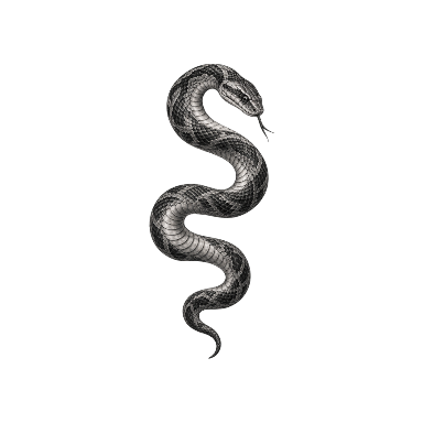 Exactly one snake in an elongated S curve, one head and one tail, scales follow volume Tattoo planner element