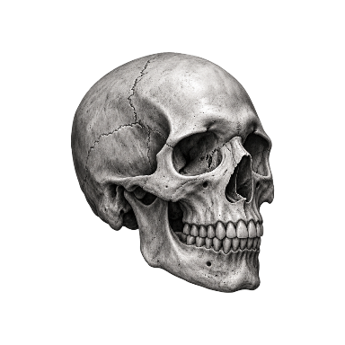 Anatomical human skull at a three-quarter angle, no flowers or weapons Tattoo planner element