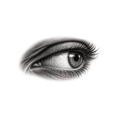 Exactly one sideways-looking eye motif in a compact horizontal composition, no surrounding face Tattoo planner element